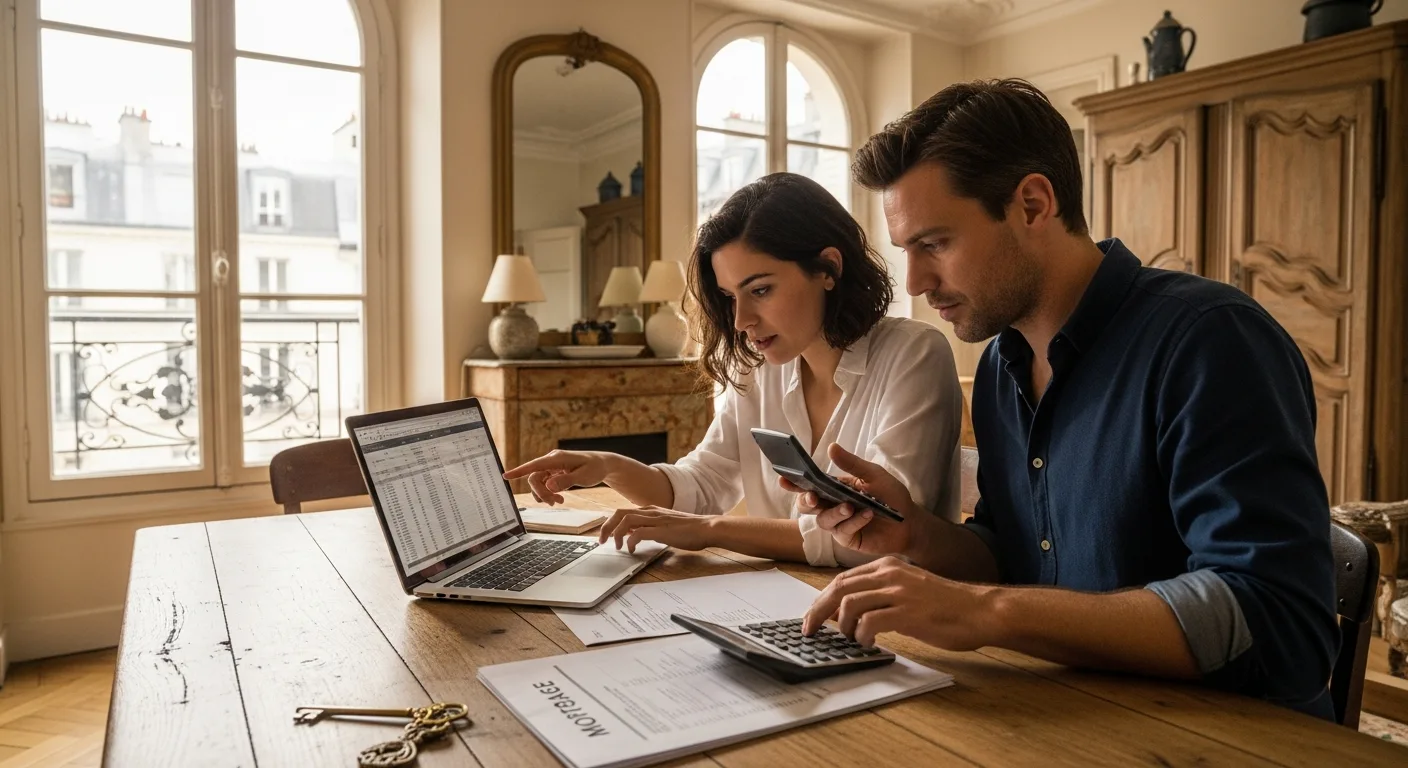 Couple analysant son budget immobilier devant un ordinateur